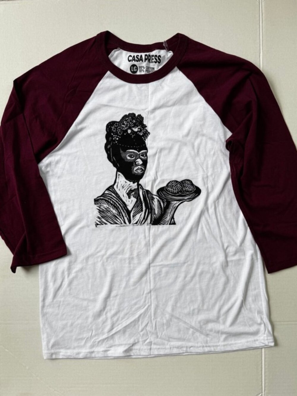 Baseball Shirt Woodblock Print Frida Kahlo Luchador White & Maroon Unisex Large